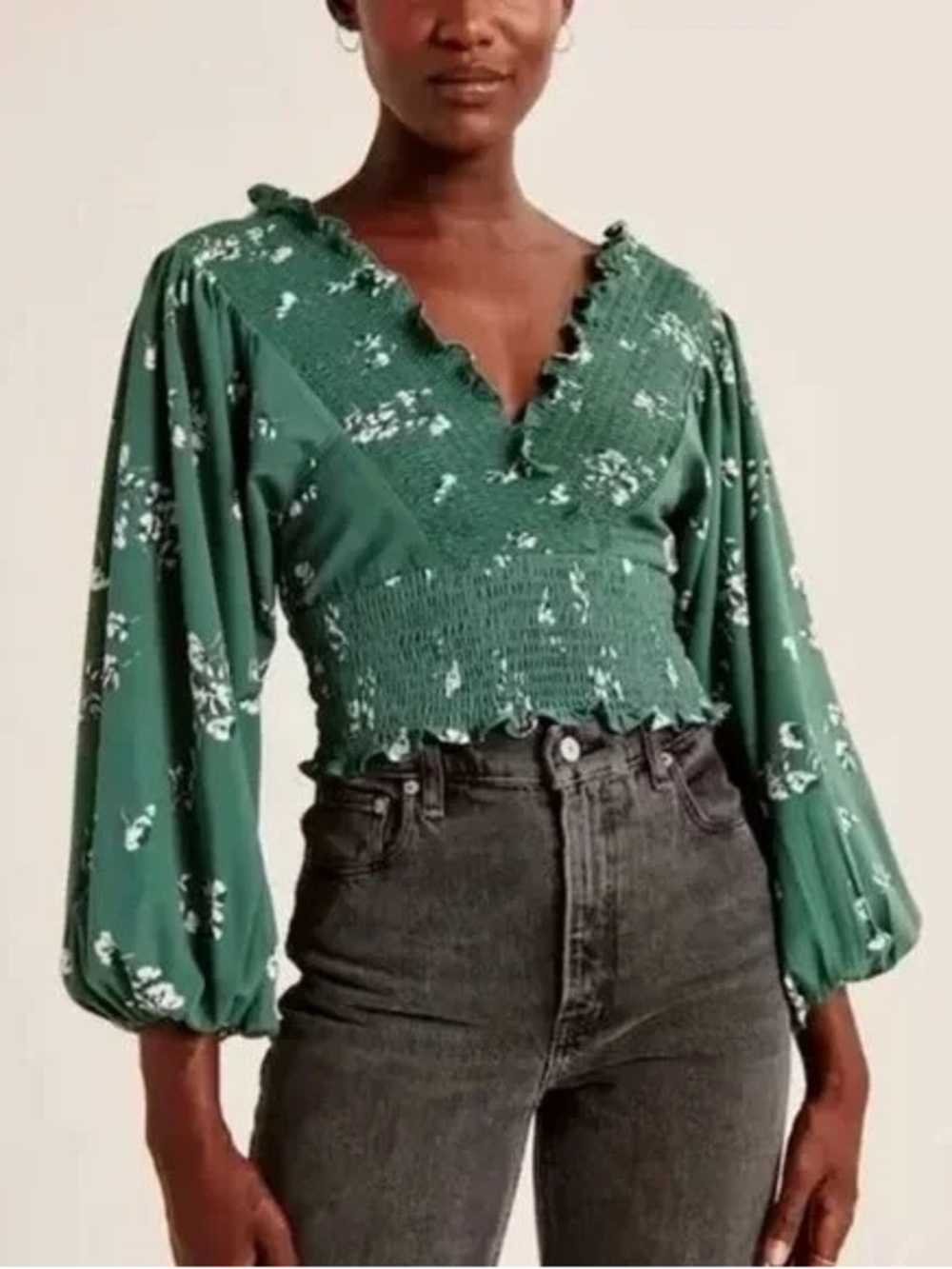 Abercrombie & Fitch Green Floral Smocked V-Neck Peasant Blouse